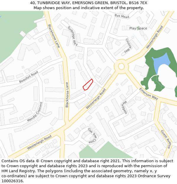 40, TUNBRIDGE WAY, EMERSONS GREEN, BRISTOL, BS16 7EX: Location map and indicative extent of plot
