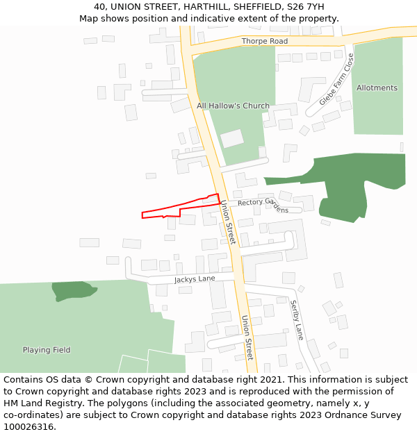 40, UNION STREET, HARTHILL, SHEFFIELD, S26 7YH: Location map and indicative extent of plot