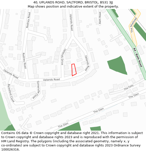 40, UPLANDS ROAD, SALTFORD, BRISTOL, BS31 3JJ: Location map and indicative extent of plot