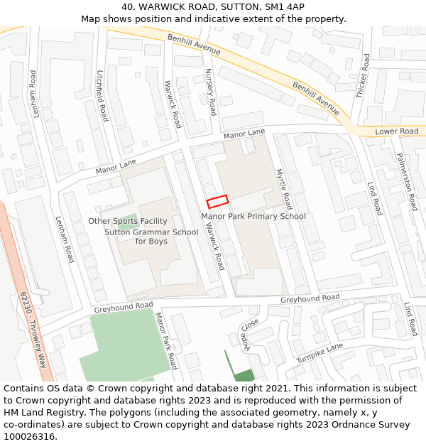 40, WARWICK ROAD, SUTTON, SM1 4AP: Location map and indicative extent of plot