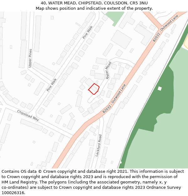 40, WATER MEAD, CHIPSTEAD, COULSDON, CR5 3NU: Location map and indicative extent of plot