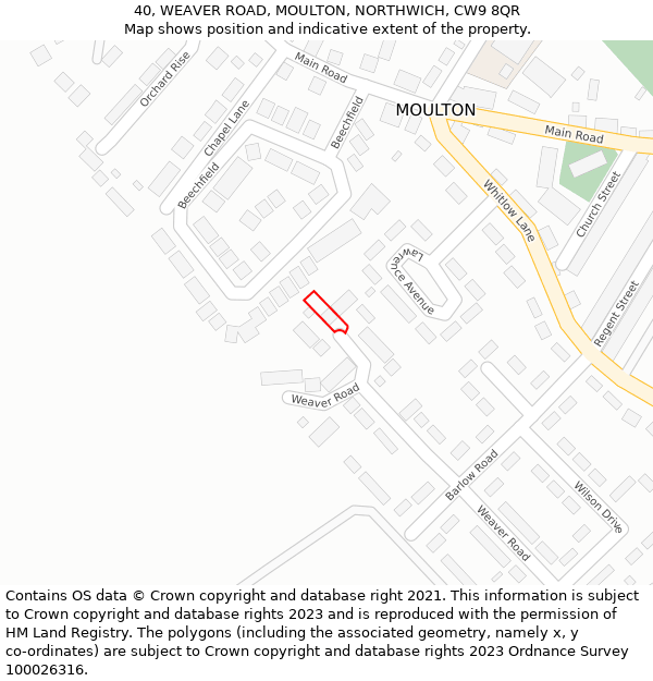 40, WEAVER ROAD, MOULTON, NORTHWICH, CW9 8QR: Location map and indicative extent of plot