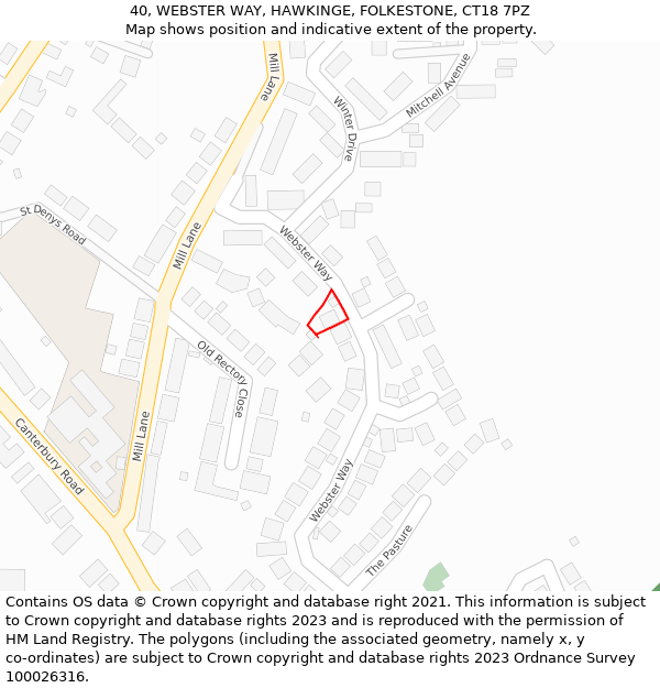 40, WEBSTER WAY, HAWKINGE, FOLKESTONE, CT18 7PZ: Location map and indicative extent of plot