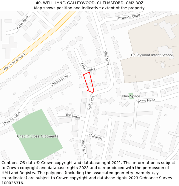 40, WELL LANE, GALLEYWOOD, CHELMSFORD, CM2 8QZ: Location map and indicative extent of plot