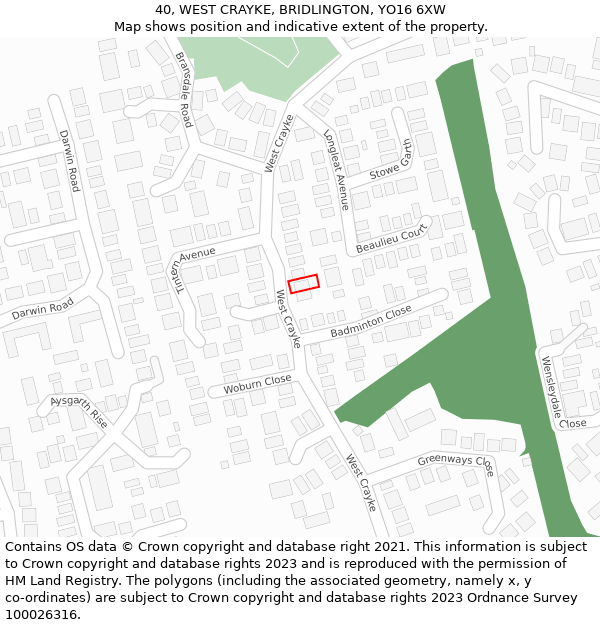 40, WEST CRAYKE, BRIDLINGTON, YO16 6XW: Location map and indicative extent of plot