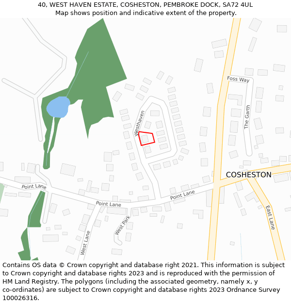 40, WEST HAVEN ESTATE, COSHESTON, PEMBROKE DOCK, SA72 4UL: Location map and indicative extent of plot