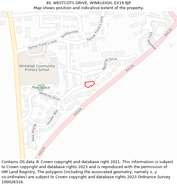 40, WESTCOTS DRIVE, WINKLEIGH, EX19 8JP: Location map and indicative extent of plot