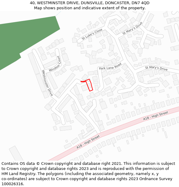 40, WESTMINSTER DRIVE, DUNSVILLE, DONCASTER, DN7 4QD: Location map and indicative extent of plot