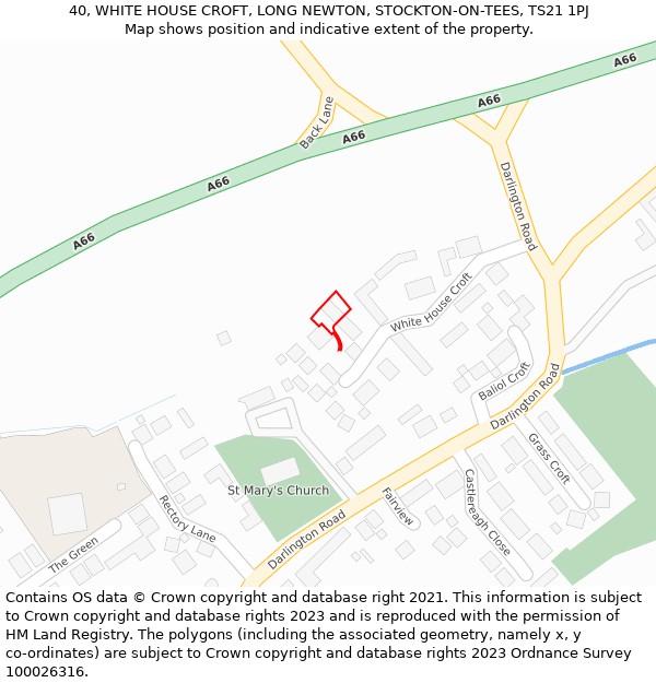 40, WHITE HOUSE CROFT, LONG NEWTON, STOCKTON-ON-TEES, TS21 1PJ: Location map and indicative extent of plot