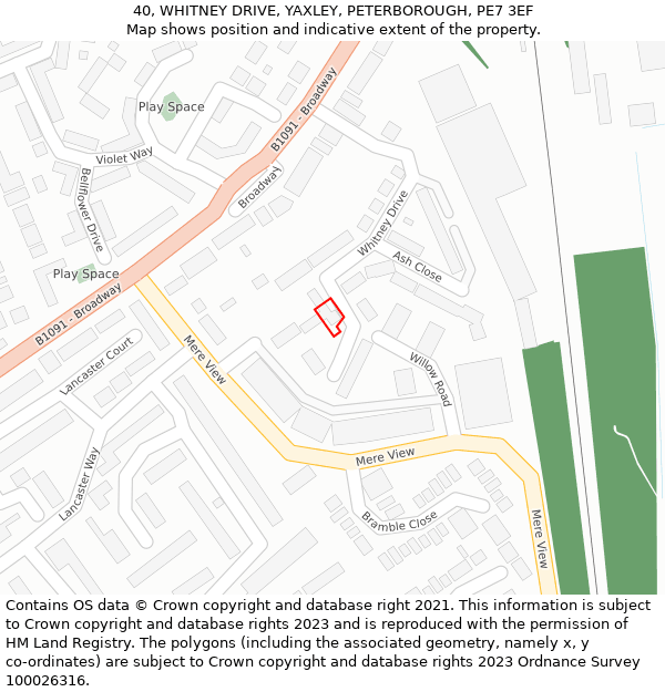 40, WHITNEY DRIVE, YAXLEY, PETERBOROUGH, PE7 3EF: Location map and indicative extent of plot