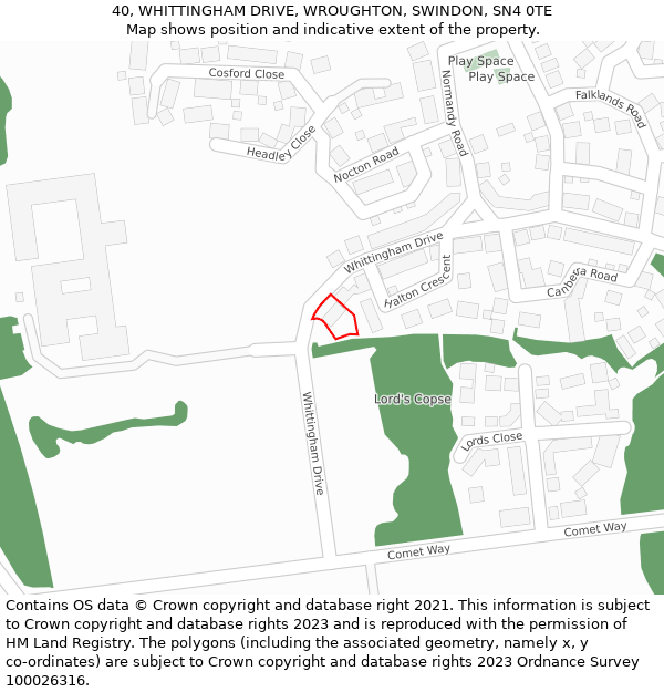 40, WHITTINGHAM DRIVE, WROUGHTON, SWINDON, SN4 0TE: Location map and indicative extent of plot