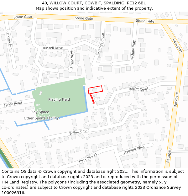 40, WILLOW COURT, COWBIT, SPALDING, PE12 6BU: Location map and indicative extent of plot