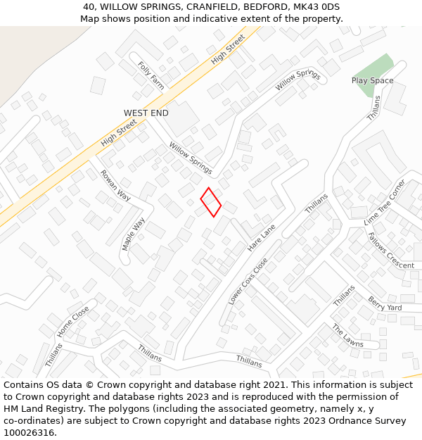 40, WILLOW SPRINGS, CRANFIELD, BEDFORD, MK43 0DS: Location map and indicative extent of plot