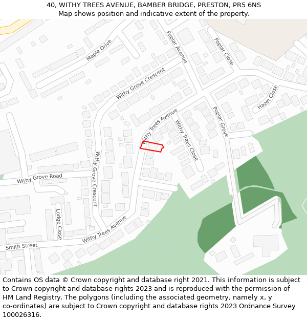 40, WITHY TREES AVENUE, BAMBER BRIDGE, PRESTON, PR5 6NS: Location map and indicative extent of plot
