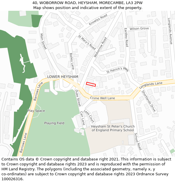 40, WOBORROW ROAD, HEYSHAM, MORECAMBE, LA3 2PW: Location map and indicative extent of plot