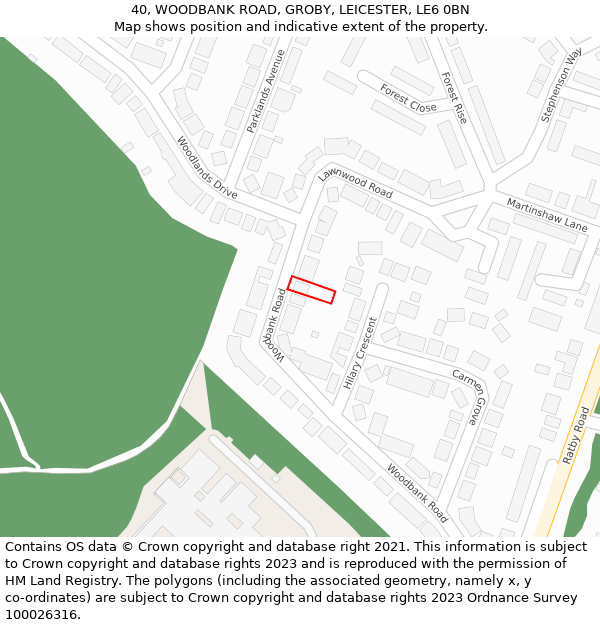 40, WOODBANK ROAD, GROBY, LEICESTER, LE6 0BN: Location map and indicative extent of plot