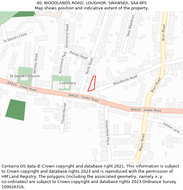 40, WOODLANDS ROAD, LOUGHOR, SWANSEA, SA4 6PS: Location map and indicative extent of plot