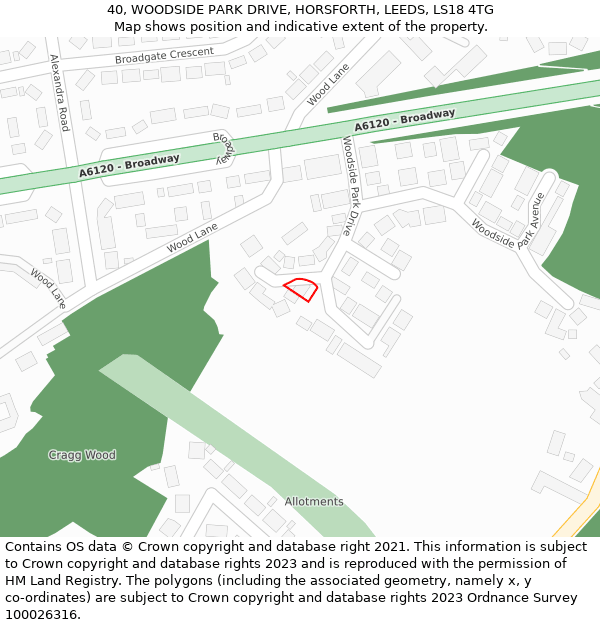 40, WOODSIDE PARK DRIVE, HORSFORTH, LEEDS, LS18 4TG: Location map and indicative extent of plot