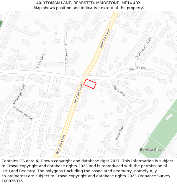 40, YEOMAN LANE, BEARSTED, MAIDSTONE, ME14 4BX: Location map and indicative extent of plot