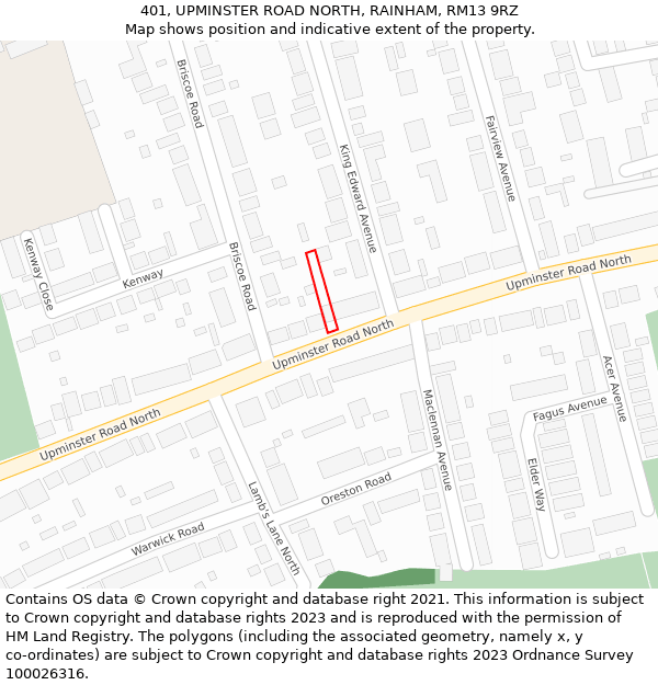 401, UPMINSTER ROAD NORTH, RAINHAM, RM13 9RZ: Location map and indicative extent of plot