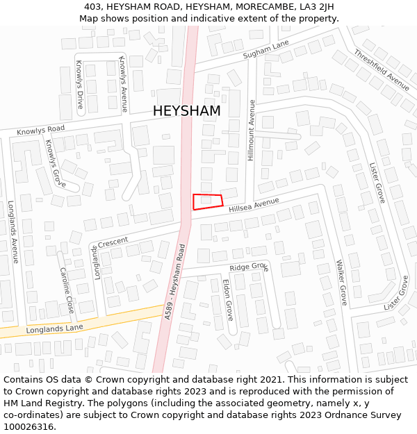 403, HEYSHAM ROAD, HEYSHAM, MORECAMBE, LA3 2JH: Location map and indicative extent of plot