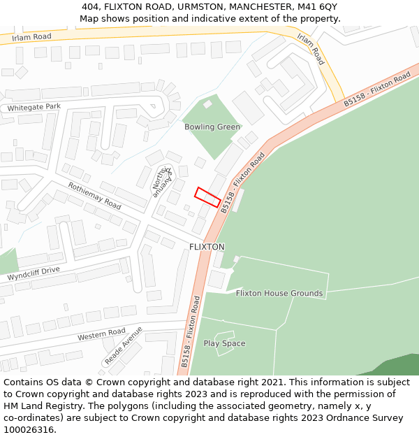 404, FLIXTON ROAD, URMSTON, MANCHESTER, M41 6QY: Location map and indicative extent of plot