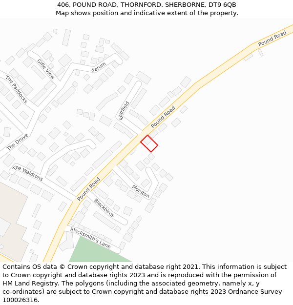 406, POUND ROAD, THORNFORD, SHERBORNE, DT9 6QB: Location map and indicative extent of plot