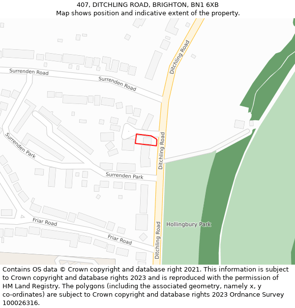 407, DITCHLING ROAD, BRIGHTON, BN1 6XB: Location map and indicative extent of plot