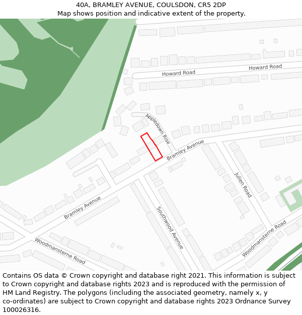 40A, BRAMLEY AVENUE, COULSDON, CR5 2DP: Location map and indicative extent of plot