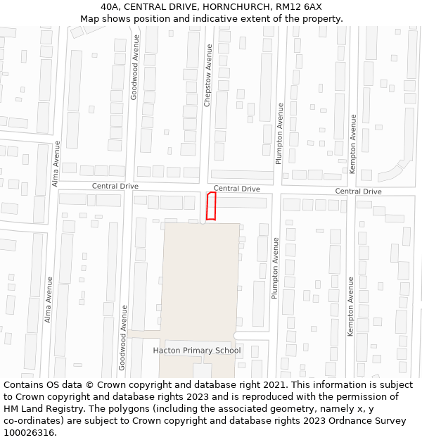 40A, CENTRAL DRIVE, HORNCHURCH, RM12 6AX: Location map and indicative extent of plot