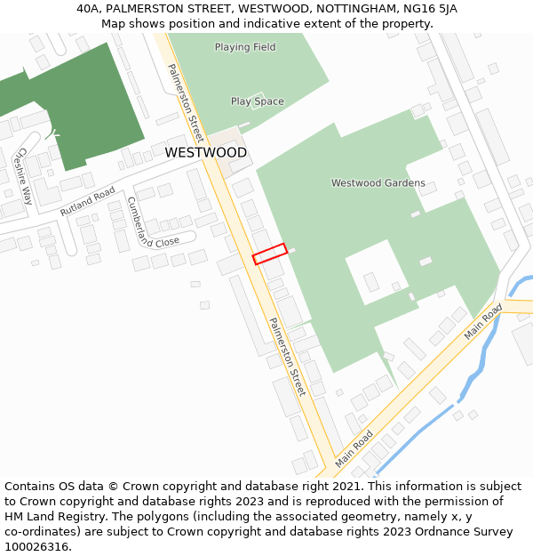 40A, PALMERSTON STREET, WESTWOOD, NOTTINGHAM, NG16 5JA: Location map and indicative extent of plot