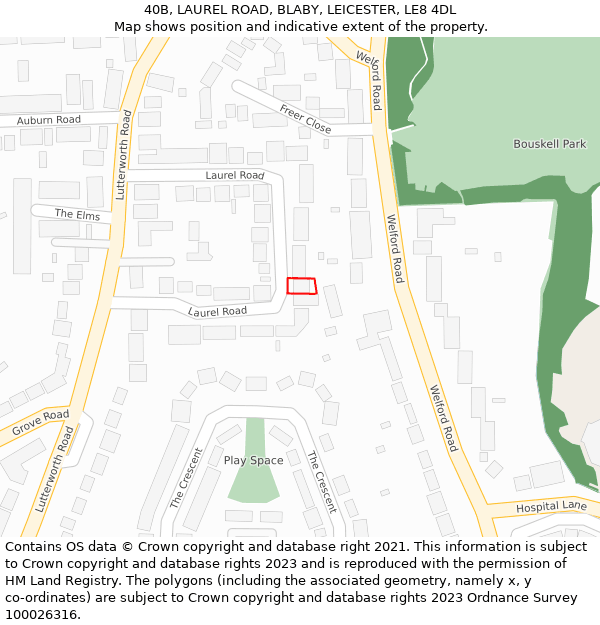 40B, LAUREL ROAD, BLABY, LEICESTER, LE8 4DL: Location map and indicative extent of plot