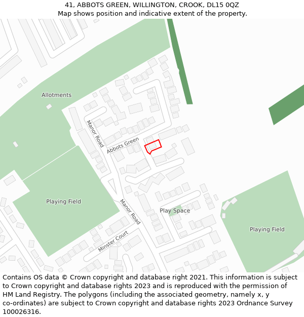 41, ABBOTS GREEN, WILLINGTON, CROOK, DL15 0QZ: Location map and indicative extent of plot