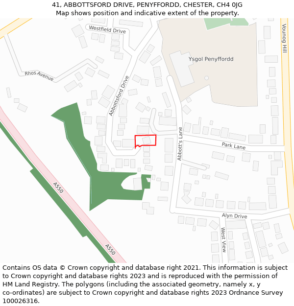 41, ABBOTTSFORD DRIVE, PENYFFORDD, CHESTER, CH4 0JG: Location map and indicative extent of plot