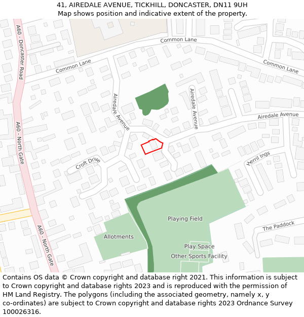 41, AIREDALE AVENUE, TICKHILL, DONCASTER, DN11 9UH: Location map and indicative extent of plot