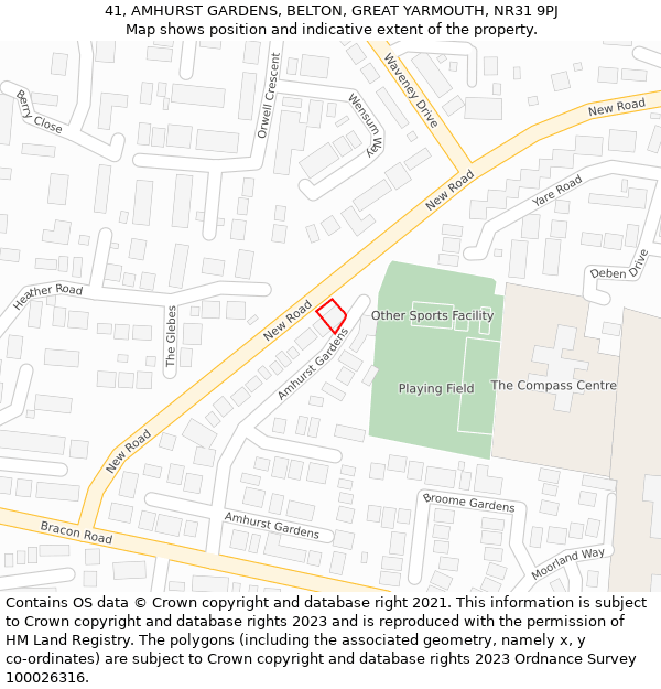 41, AMHURST GARDENS, BELTON, GREAT YARMOUTH, NR31 9PJ: Location map and indicative extent of plot