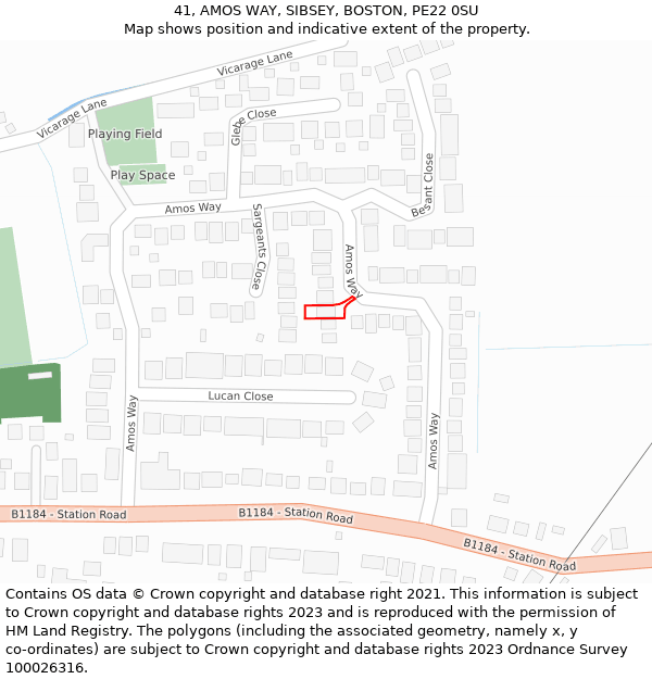 41, AMOS WAY, SIBSEY, BOSTON, PE22 0SU: Location map and indicative extent of plot