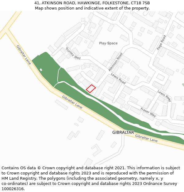 41, ATKINSON ROAD, HAWKINGE, FOLKESTONE, CT18 7SB: Location map and indicative extent of plot