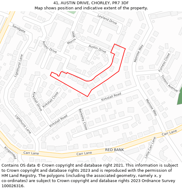 41, AUSTIN DRIVE, CHORLEY, PR7 3DF: Location map and indicative extent of plot