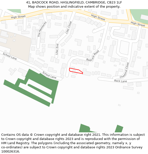 41, BADCOCK ROAD, HASLINGFIELD, CAMBRIDGE, CB23 1LF: Location map and indicative extent of plot