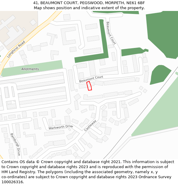 41, BEAUMONT COURT, PEGSWOOD, MORPETH, NE61 6BF: Location map and indicative extent of plot