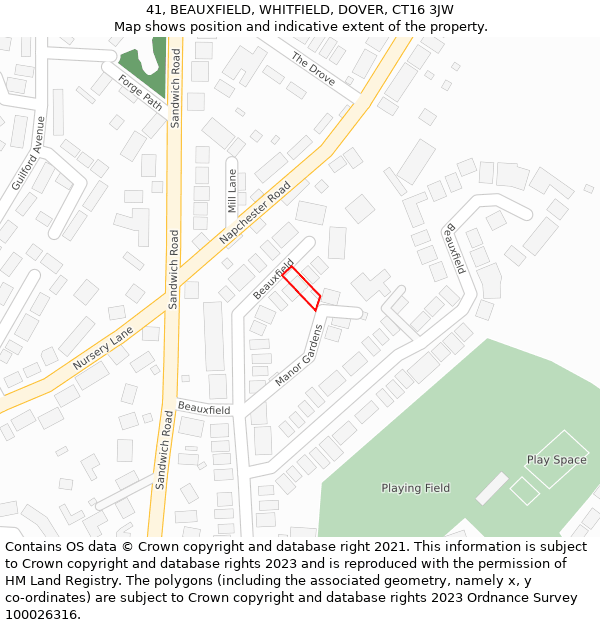 41, BEAUXFIELD, WHITFIELD, DOVER, CT16 3JW: Location map and indicative extent of plot