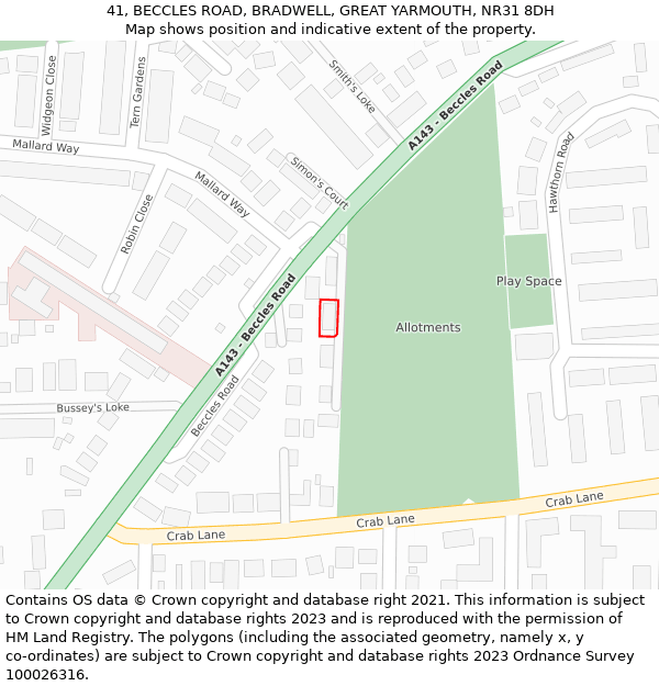 41, BECCLES ROAD, BRADWELL, GREAT YARMOUTH, NR31 8DH: Location map and indicative extent of plot