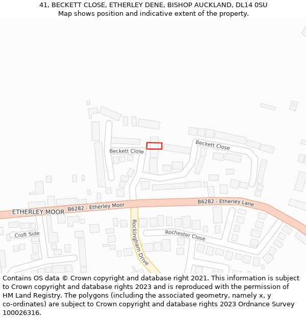 41, BECKETT CLOSE, ETHERLEY DENE, BISHOP AUCKLAND, DL14 0SU: Location map and indicative extent of plot