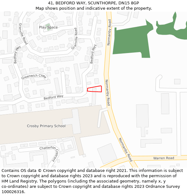 41, BEDFORD WAY, SCUNTHORPE, DN15 8GP: Location map and indicative extent of plot