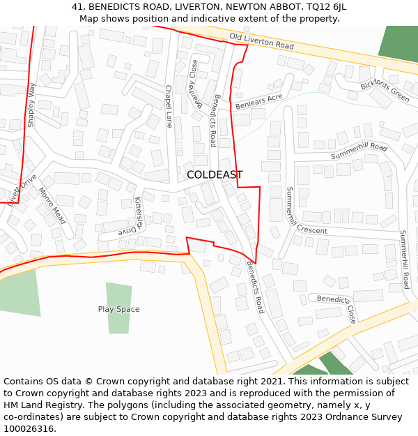 41, BENEDICTS ROAD, LIVERTON, NEWTON ABBOT, TQ12 6JL: Location map and indicative extent of plot