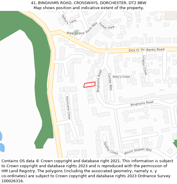 41, BINGHAMS ROAD, CROSSWAYS, DORCHESTER, DT2 8BW: Location map and indicative extent of plot