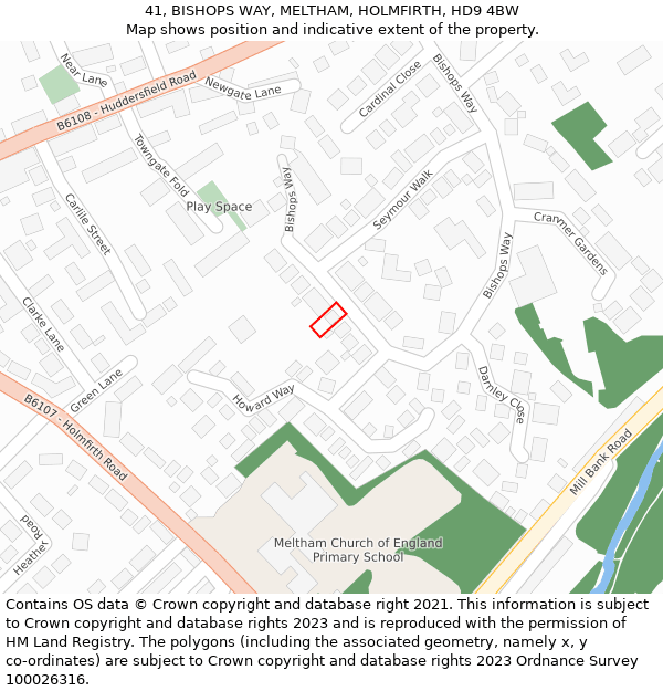 41, BISHOPS WAY, MELTHAM, HOLMFIRTH, HD9 4BW: Location map and indicative extent of plot