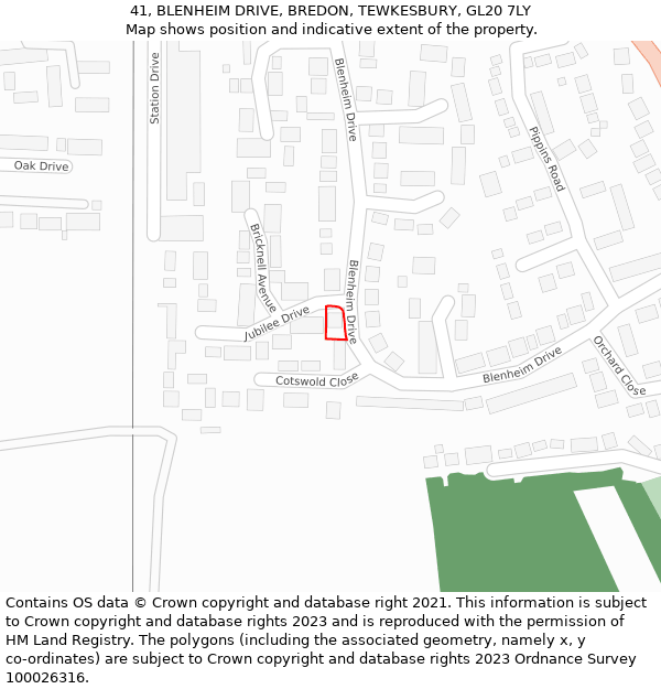 41, BLENHEIM DRIVE, BREDON, TEWKESBURY, GL20 7LY: Location map and indicative extent of plot