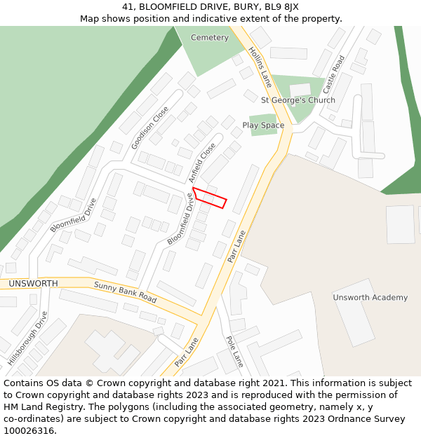 41, BLOOMFIELD DRIVE, BURY, BL9 8JX: Location map and indicative extent of plot